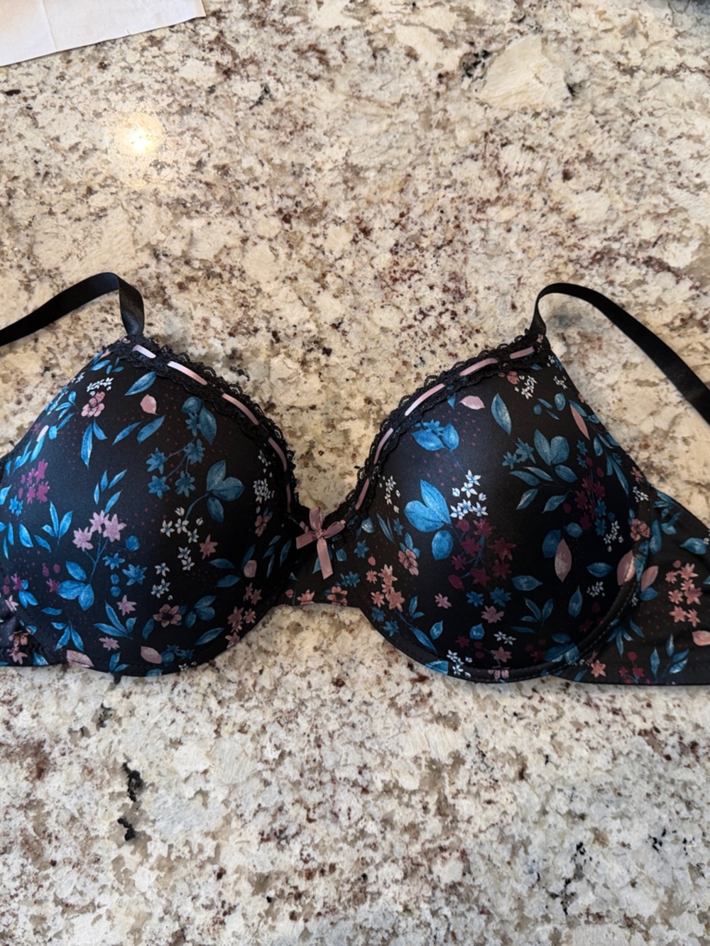 Floral Molded Underwire Bra - Black with Blue & Pink Floral 44D